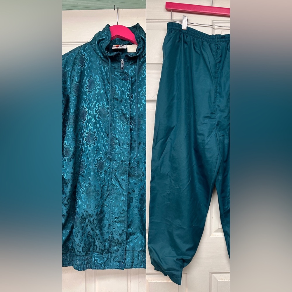 vtg Kaktus plus 80s teal embossed jacquard track suit set size 1XL